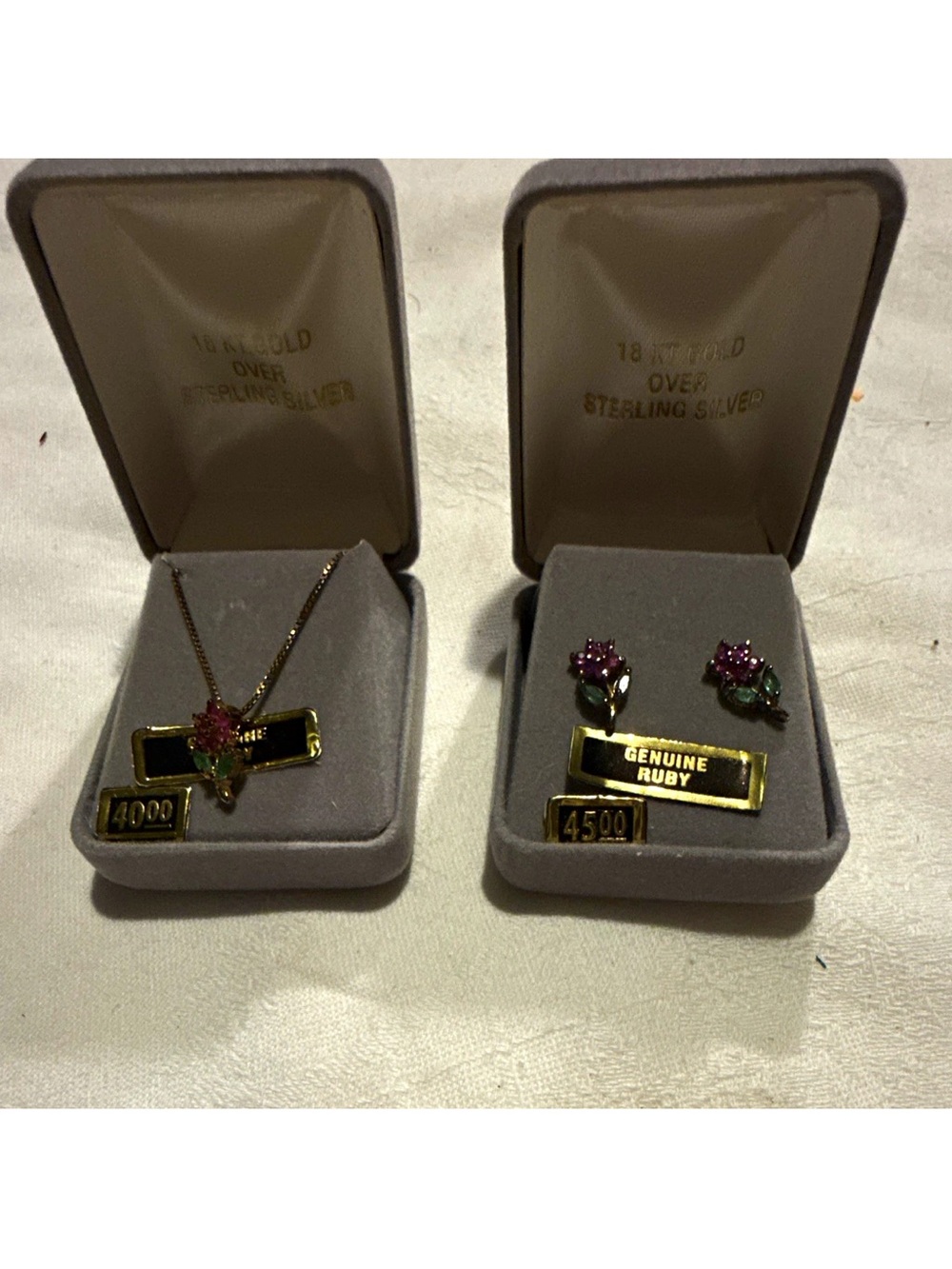 18K Gold Over Sterling Silver Ruby Jewelry Set Necklace & Earrings Red